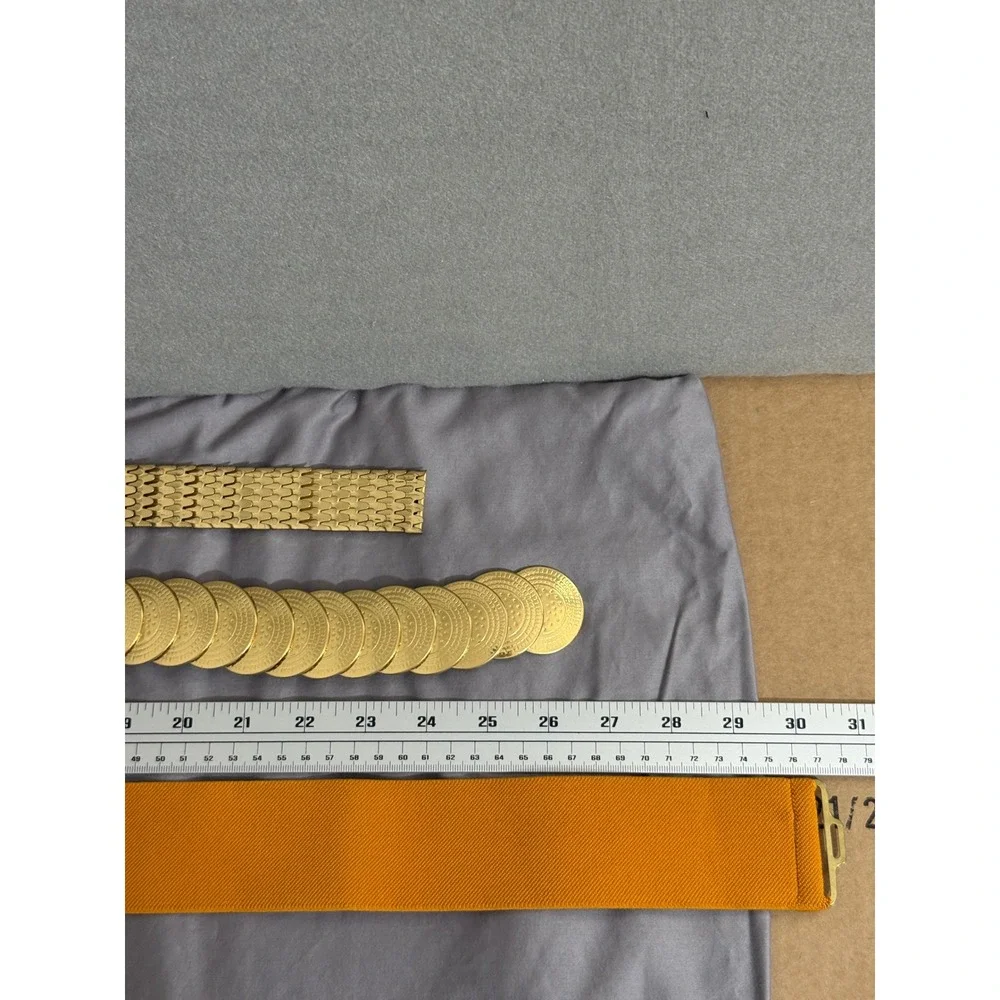 Vintage Gold Tone Metal Coin Scale Link and Mustard Yellow Elastic Belt Set 3pc‎